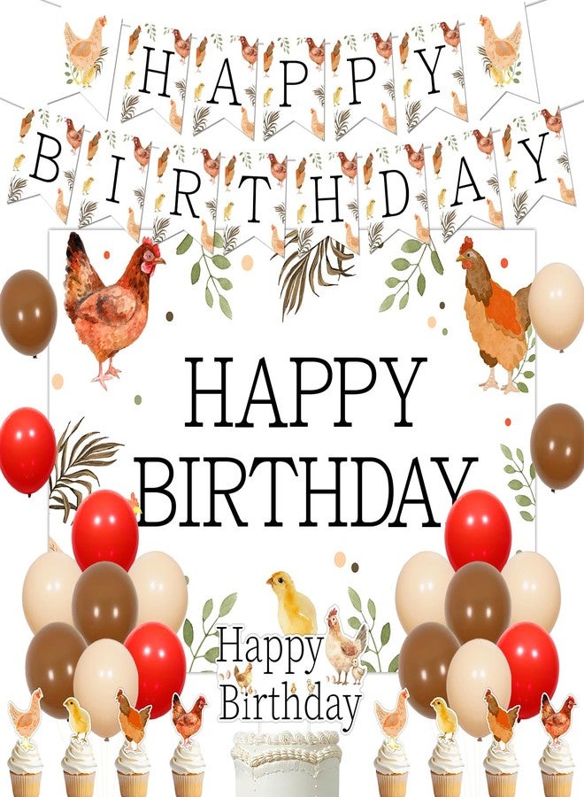 Merrystorm زينة عيد ميلاد سعيد على شكل دجاج، لافتة عيد ميلاد على شكل دجاج، مجموعة زينة كعكة الحظيرة، بالونات دجاج للأولاد والبنات والأطفال، حفلة عيد ميلاد الأول والثاني والثالث، لوازم حفلة عيد ميلاد الحظيرة - Image 1