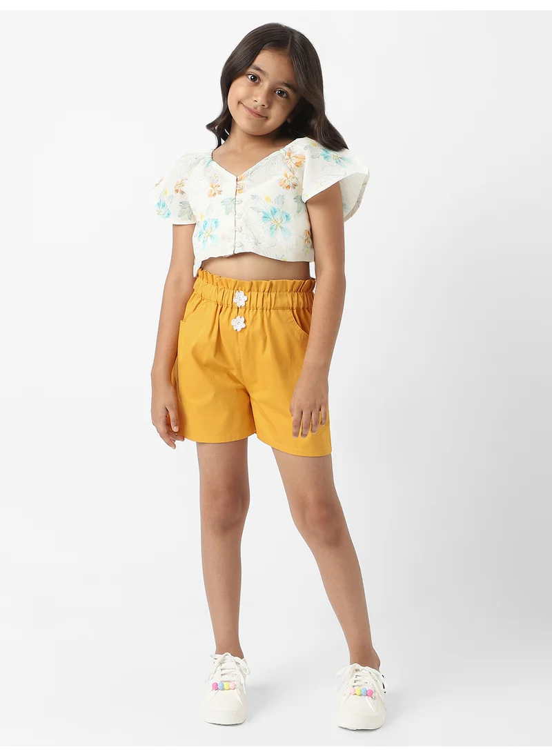 Nautinati Nautinati Girls'  Cotton Set of Top With Inner and Paperbag Shorts With  Waistline