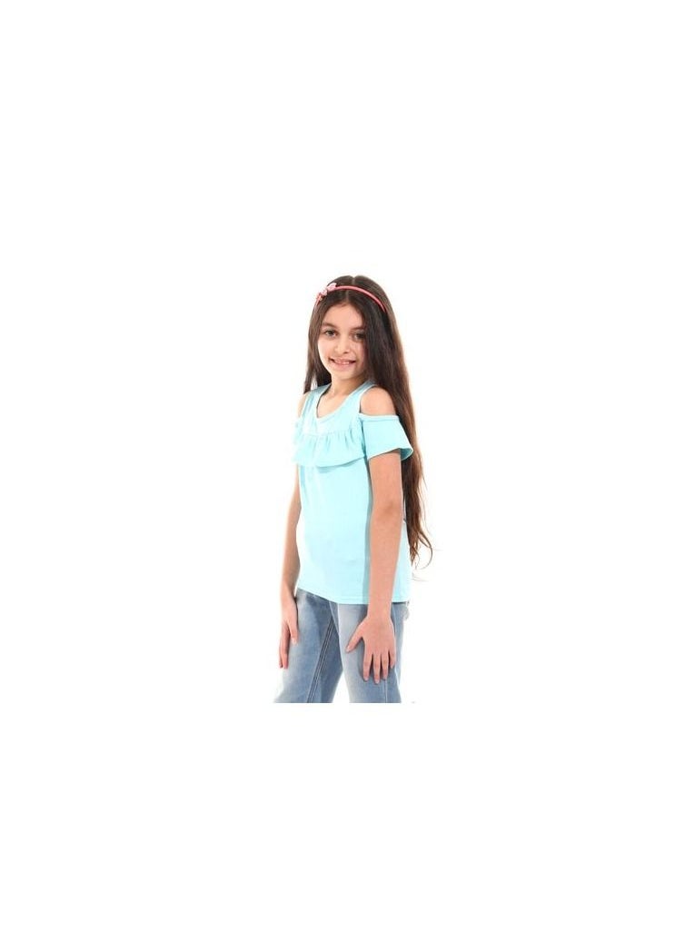 IZOR - Front Ruffle Cold Shoulder Girls Tee - Baby Blue - Image 1