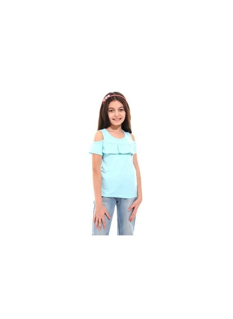 Front Ruffle Cold Shoulder Girls Tee - Baby Blue