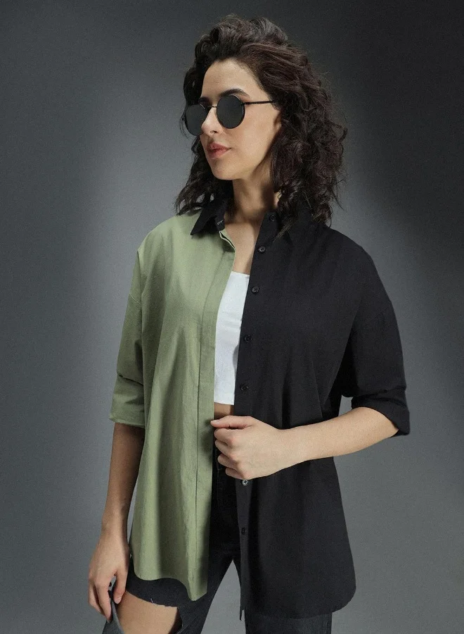 هاي ستار Women's Multicolour 100% Cotton Colourblocked Button Down Oversized Shirt