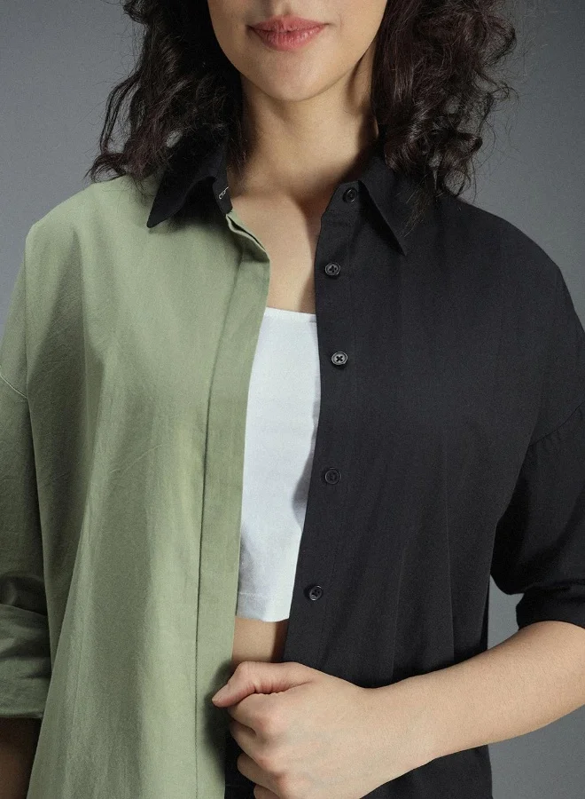 هاي ستار Women's Multicolour 100% Cotton Colourblocked Button Down Oversized Shirt
