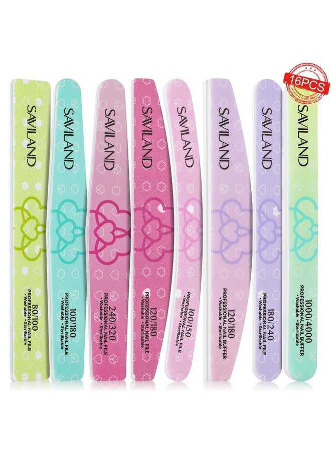 Saviland Nail File Buffer For Acrylic Nails: 16Pcs Professional Emery Board For Nails Nail Buffers Manicure Kit Acrylic Nails & Natural Nails 100/180-4000 Grit Doubled Sides Emory Boards Beauty Gift  - Image 1
