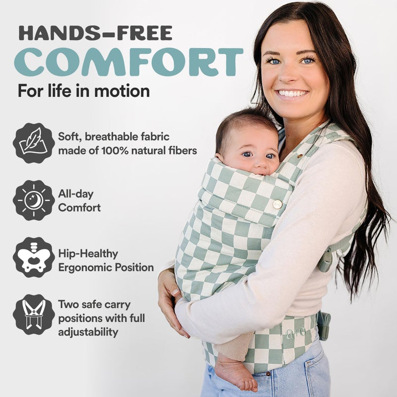 AVA + OLIVER Ava & Oliver Essential Baby Carrier â€“ Ergonomic, Hip-Healthy Soft Structured Carrier for Infants & Toddlers (7â€“35lbs) - Front and Back Carry, Breathable Fabric, Stylish & Lightweight (Olive Checker) - Image 1