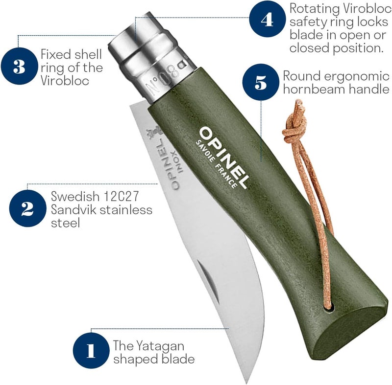 Opinel Colorama Series No. 8 - Stainless Steel Everyday Carry Folding Pocket Knife with Leather Strap, Painted Hornbeam Handles - Image 4