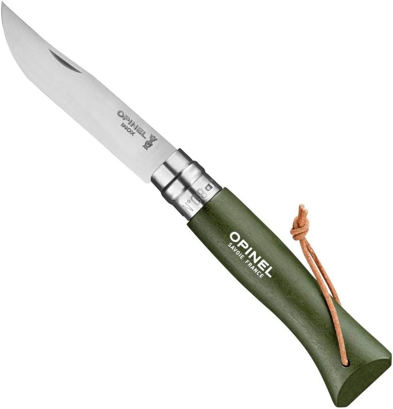 Opinel Colorama Series No. 8 - Stainless Steel Everyday Carry Folding Pocket Knife with Leather Strap, Painted Hornbeam Handles - Image 1