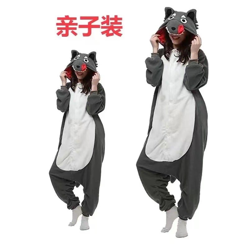 Direct Supply Of Adult Flannel Big Bad Wolf Animal Pajamas Frog Pikachu Children'S Performance Clothing Cartoon Parent-Child Clothing - Image 5