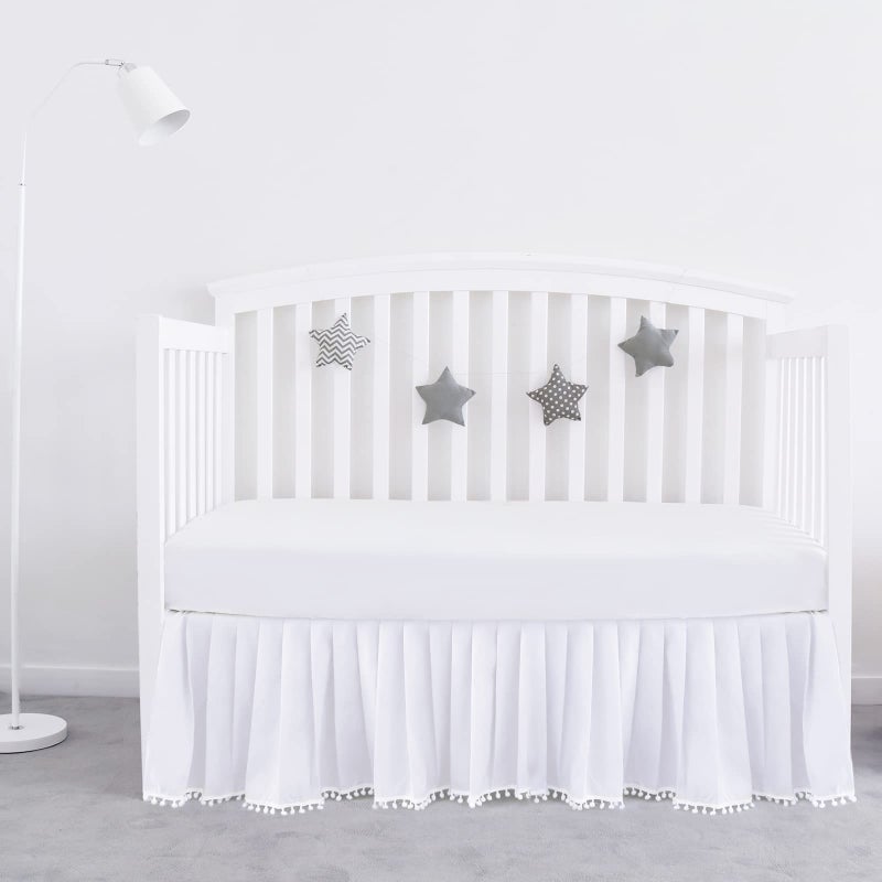 Biloban Crib Bed Skirt White for Girls Boys Pleated with Tassel Pompoms Dust Ruffled 14 Drop Fit All Standard Crib Toddler Bed SkinFriendly Soft Machine Washable Nursery Bedding Skirts - Image 2