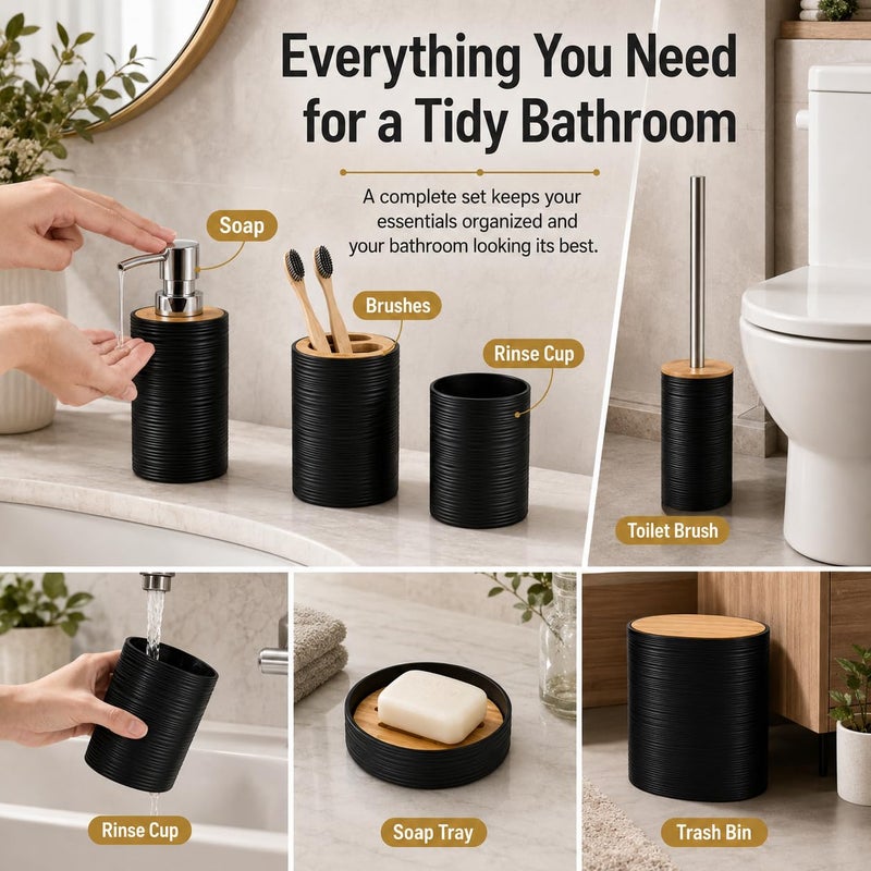 Bathroom Accessories Set, 6 Pieces, PP & ABS, Bamboo Lid, Soap Dispenser, Toilet Brush, Toothbrush Holder, Soap Dish, Trash Can (Petroleum Blue) - Image 4