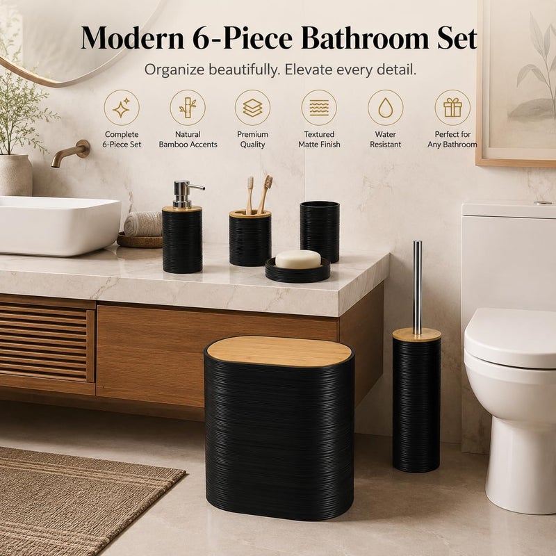 Bathroom Accessories Set, 6 Pieces, PP & ABS, Bamboo Lid, Soap Dispenser, Toilet Brush, Toothbrush Holder, Soap Dish, Trash Can (Petroleum Blue) - Image 3
