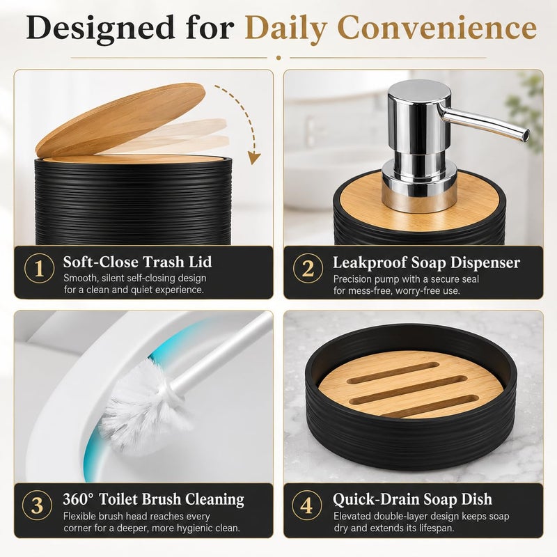 Bathroom Accessories Set, 6 Pieces, PP & ABS, Bamboo Lid, Soap Dispenser, Toilet Brush, Toothbrush Holder, Soap Dish, Trash Can (Petroleum Blue) - Image 5