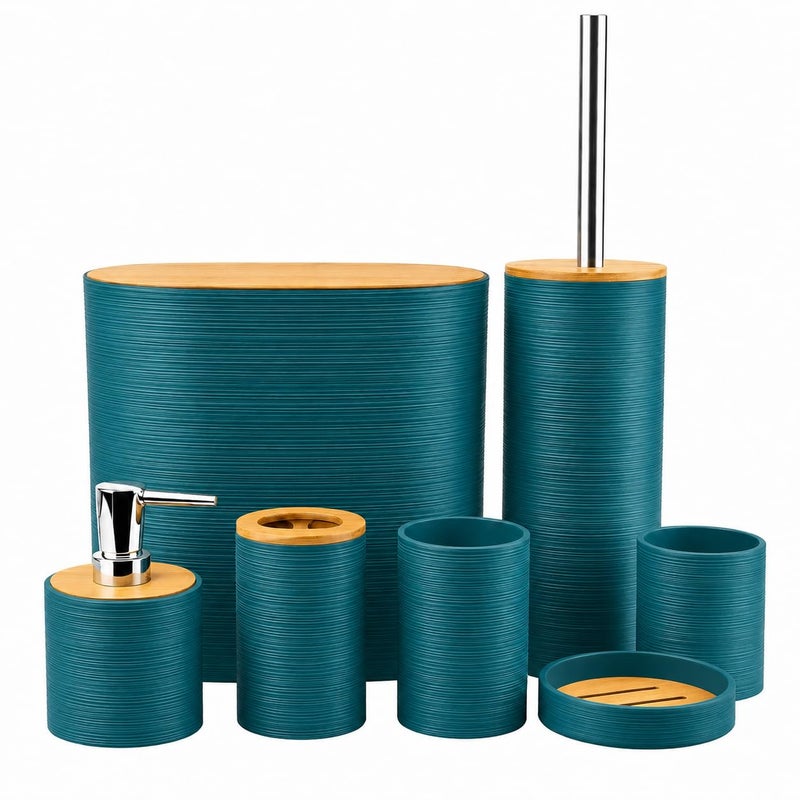 Bathroom Accessories Set, 6 Pieces, PP & ABS, Bamboo Lid, Soap Dispenser, Toilet Brush, Toothbrush Holder, Soap Dish, Trash Can (Petroleum Blue) - Image 1