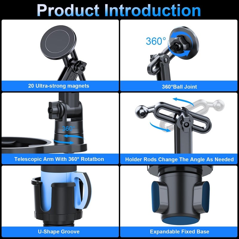 KASTWAVE Magnetic Car Cup Holder with Expandable Adjustable Base - Universal Drink Holder & Phone Stand for All Smartphones and Most Bottles, Stable, Hands-Free Car Mount for Easy Access - Image 4