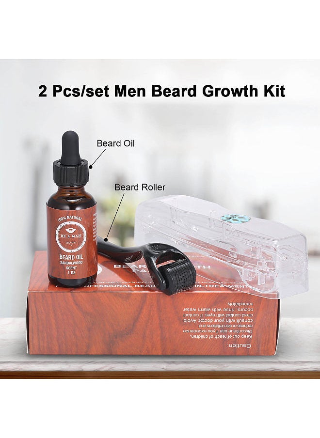 Generic - 2 Pcs/set Men Beard Growth Kit Beard Roller Beard Oil Facial Hair Growth Serum Moisturizing Men Beard Nourishing Moustache Styling Care Set - Image 1