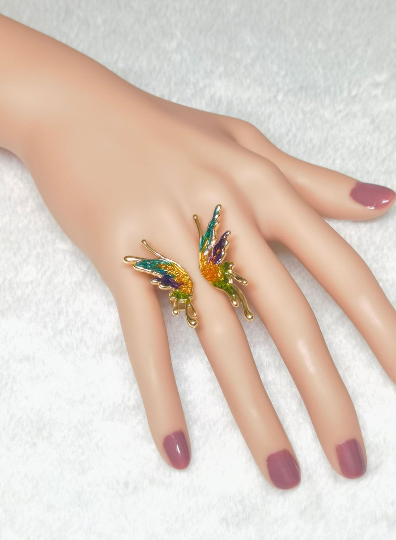 خاتم نسائي أنيق مصنوع يدويًا بتصميم فراشة مطلية بالذهب باحجار طبيعية ملون ومجوهرات فريدة من نوعها - Image 1