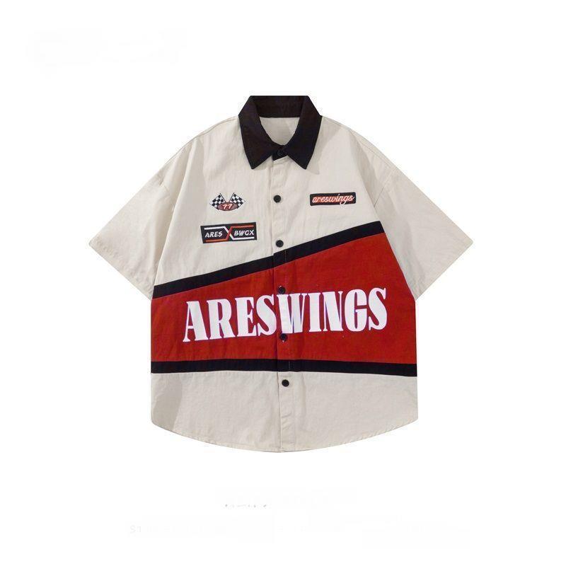 Generic Summer Trendy Hip-Hop Printed Hong Kong Style Loose Short-Sleeved Japanese Style Retro Motorcycle Clothing Half-Sleeved Unisex Style Shirt Jacket 1263 red - Image 1