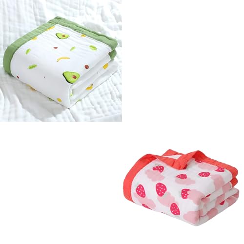 JUST GOODS Baby Blanket | Ultra-Soft & Warm | 100% Cotton | Lightweight & Breathable | Multi-Purpose Use | Machine Washable | Combo Pack of 2 (Avocado + Strawberry Blanket) - Image 1