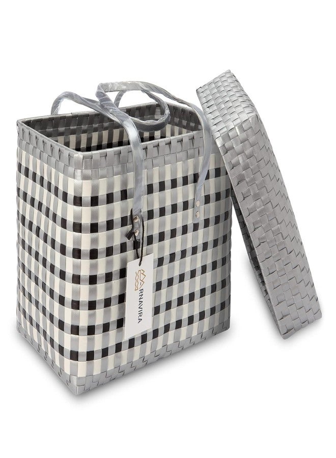 Arnavira Handmade Multipurpose Basket with Lid 4L Used as Mini Basket For Organiser, Makeup Items Storage,Kids Tiffin Basket (X-Small) (18x12x19 cm) (Silver White, X Small) - Image 2