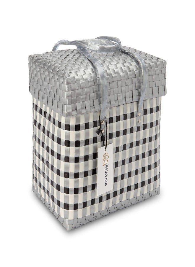 Arnavira Handmade Multipurpose Basket with Lid 4L Used as Mini Basket For Organiser, Makeup Items Storage,Kids Tiffin Basket (X-Small) (18x12x19 cm) (Silver White, X Small) - Image 1