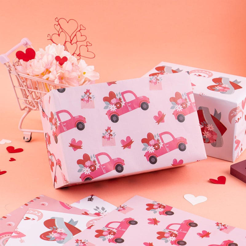 LeZakaa Pink Valentine's Wrapping Paper Sheet, Heart/Rainbow/Pink Trucks Carrying Flowers, for Valentine's Day, Wedding, Engagement, Bridal Shower, Anniversary, 12 Sheet, 27.5 x 19.6 inches Per Sheet - Image 5