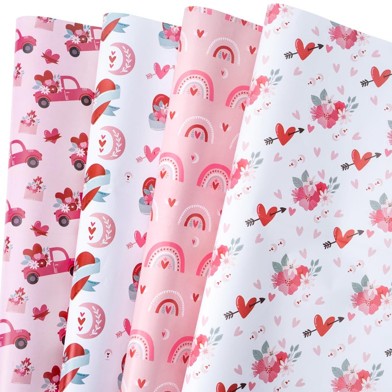 LeZakaa Pink Valentine's Wrapping Paper Sheet, Heart/Rainbow/Pink Trucks Carrying Flowers, for Valentine's Day, Wedding, Engagement, Bridal Shower, Anniversary, 12 Sheet, 27.5 x 19.6 inches Per Sheet - Image 1