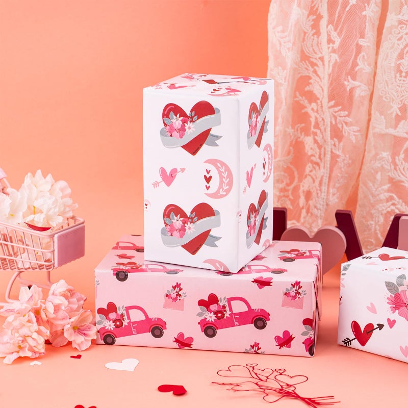 LeZakaa Pink Valentine's Wrapping Paper Sheet, Heart/Rainbow/Pink Trucks Carrying Flowers, for Valentine's Day, Wedding, Engagement, Bridal Shower, Anniversary, 12 Sheet, 27.5 x 19.6 inches Per Sheet - Image 4
