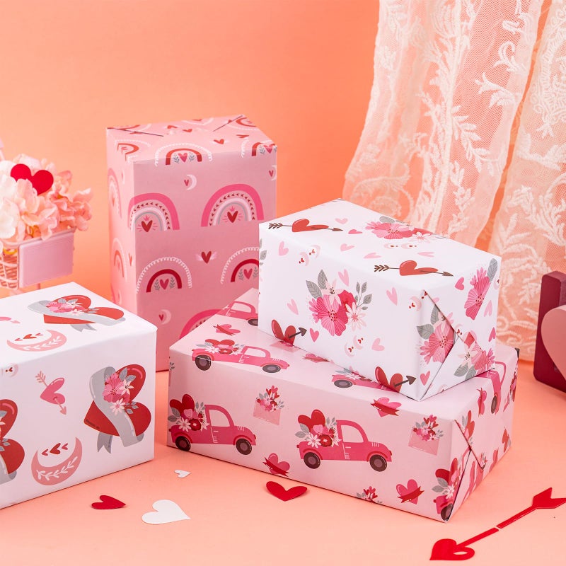 LeZakaa Pink Valentine's Wrapping Paper Sheet, Heart/Rainbow/Pink Trucks Carrying Flowers, for Valentine's Day, Wedding, Engagement, Bridal Shower, Anniversary, 12 Sheet, 27.5 x 19.6 inches Per Sheet - Image 3