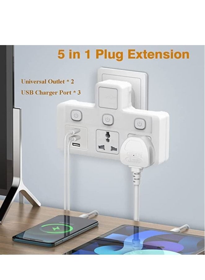 AMTCO - Multi-Plug Power Extension Socket 2500W Wall Plug Adapter With 3 USB-A Charge Ports, 2 Universal Power Sockets With UK 3 Plug for Home/School/Office - Image 1