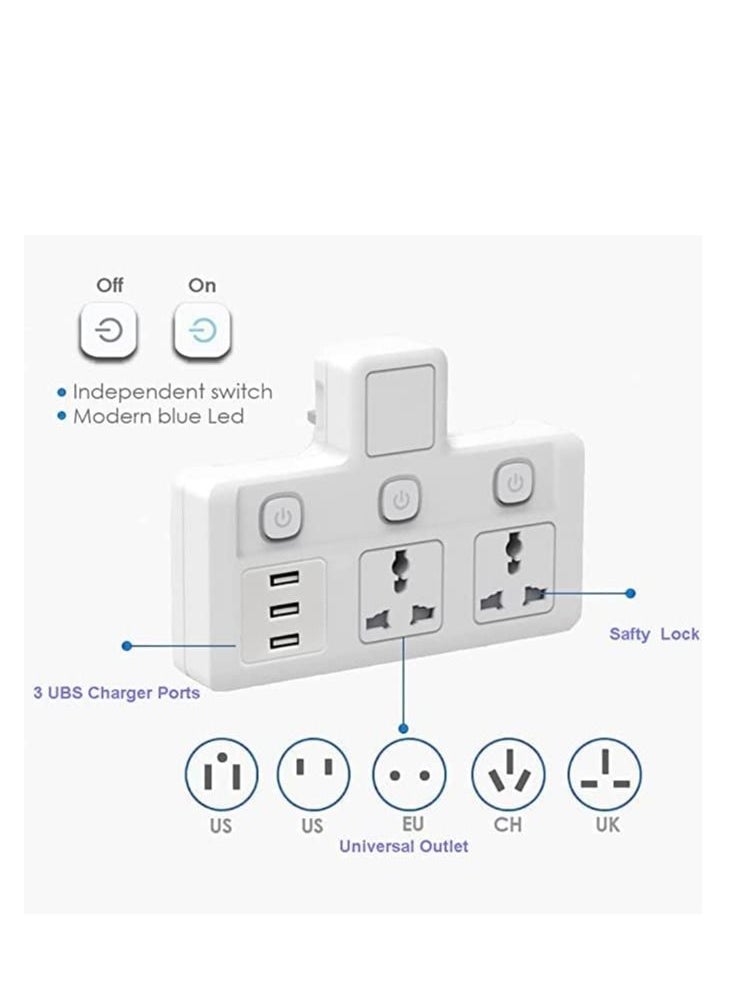 AMTCO - Multi-Plug Power Extension Socket 2500W Wall Plug Adapter With 3 USB-A Charge Ports, 2 Universal Power Sockets With UK 3 Plug for Home/School/Office - Image 1