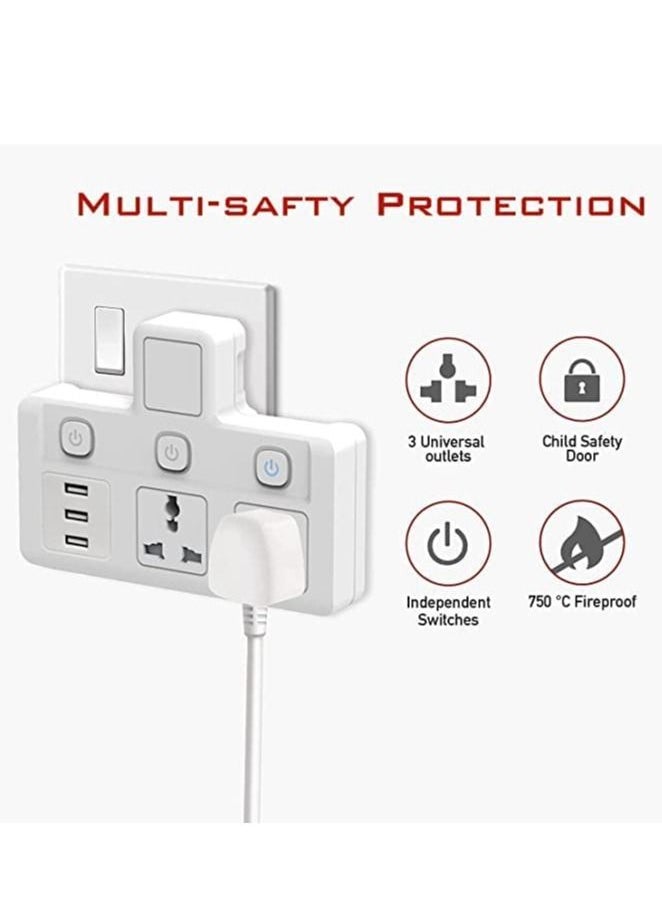 AMTCO - Multi-Plug Power Extension Socket 2500W Wall Plug Adapter With 3 USB-A Charge Ports, 2 Universal Power Sockets With UK 3 Plug for Home/School/Office - Image 1