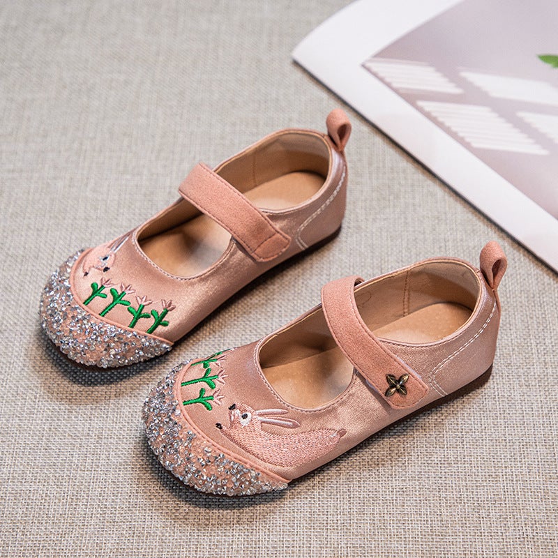 Girls'' Casual Embroidered Princess Shoes 2026 Spring and Autumn New Style Small Leather Shoes with Velcro Baby Rhinestone Soft-Soled Single Shoes - Image 1