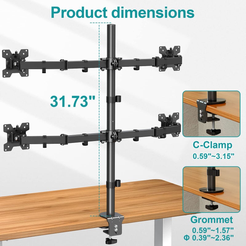 MOUNT PRO Quad Monitor Stand, 4 Monitor Mount for 13 to 32 inch Computer Screens, Hold up to 17.6lbs Each, Fully Adjustable Stacked 4 Desk Arm, VESA Mount, C clamp/Grommet Base - Image 3