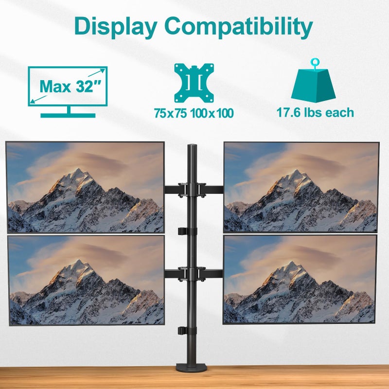 MOUNT PRO Quad Monitor Stand, 4 Monitor Mount for 13 to 32 inch Computer Screens, Hold up to 17.6lbs Each, Fully Adjustable Stacked 4 Desk Arm, VESA Mount, C clamp/Grommet Base - Image 4