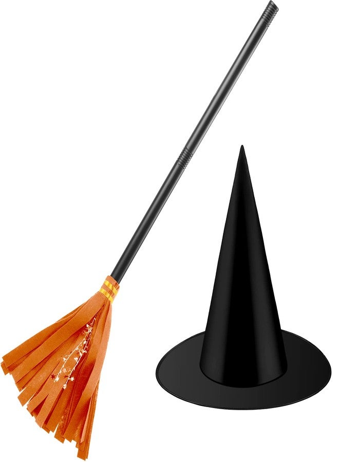 Skylety Witch Broom Hat Halloween Witch Costume for Kids Wizard Broomstick Black Wizard Hat Broom Halloween Party Cosplay(Orange) - Image 1