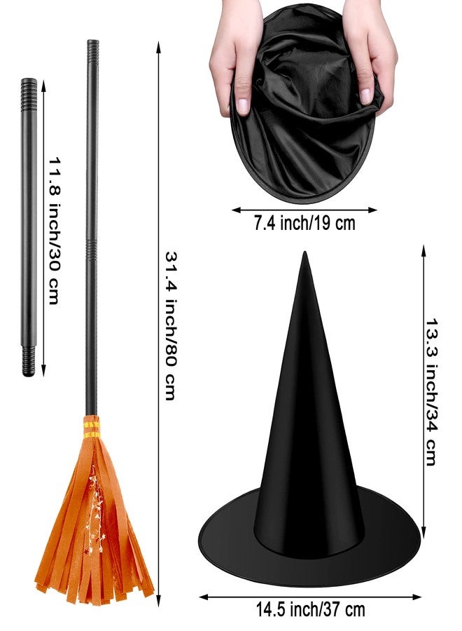 Skylety Witch Broom Hat Halloween Witch Costume for Kids Wizard Broomstick Black Wizard Hat Broom Halloween Party Cosplay(Orange) - Image 2