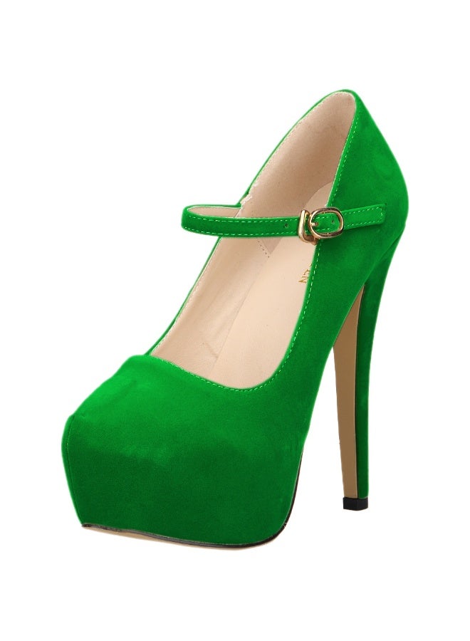 Loquat Flannel Round-Toe Deep-Vamp Waterproof Platform Stiletto High Heels 14cm Green - Image 2