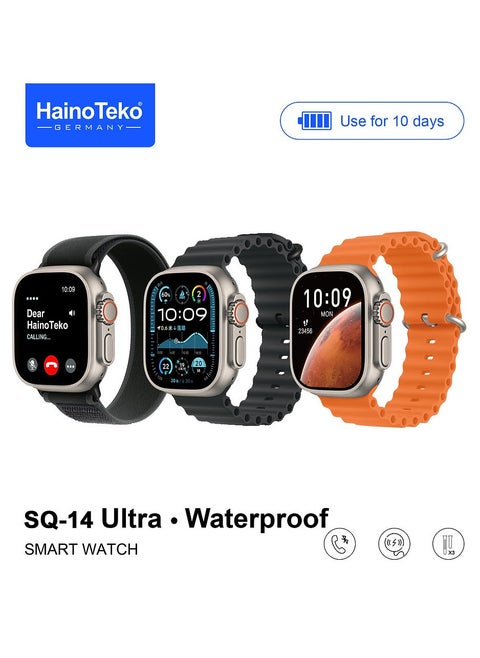 HainoTeko SQ-14 Ultra Waterproof Smartwatch with Large Screen AMOLED Display 10-Day Battery Life and 3 Pair Straps Designed For Ladies and Gents Silver