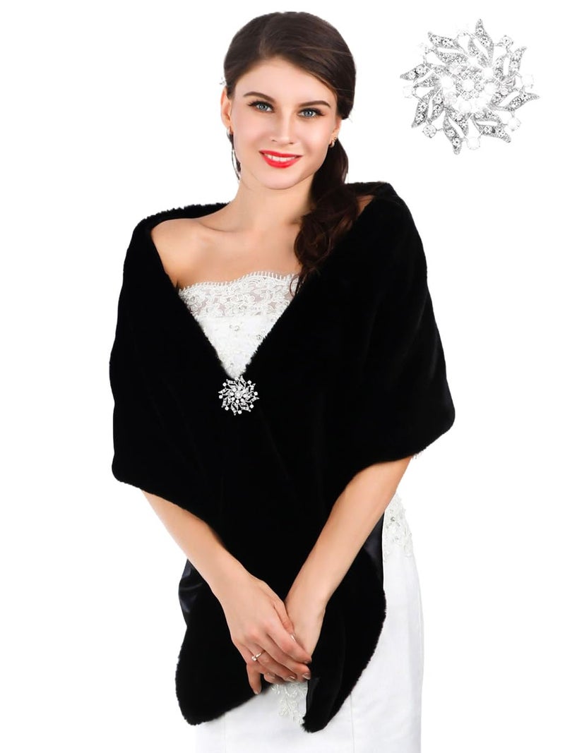 GORAIS Women's Wedding Faux Fur Shawls and Wraps Long Bridal Fur Scarf Stoles with Brooch for Bride and Bridesmaids (Black) - Image 1