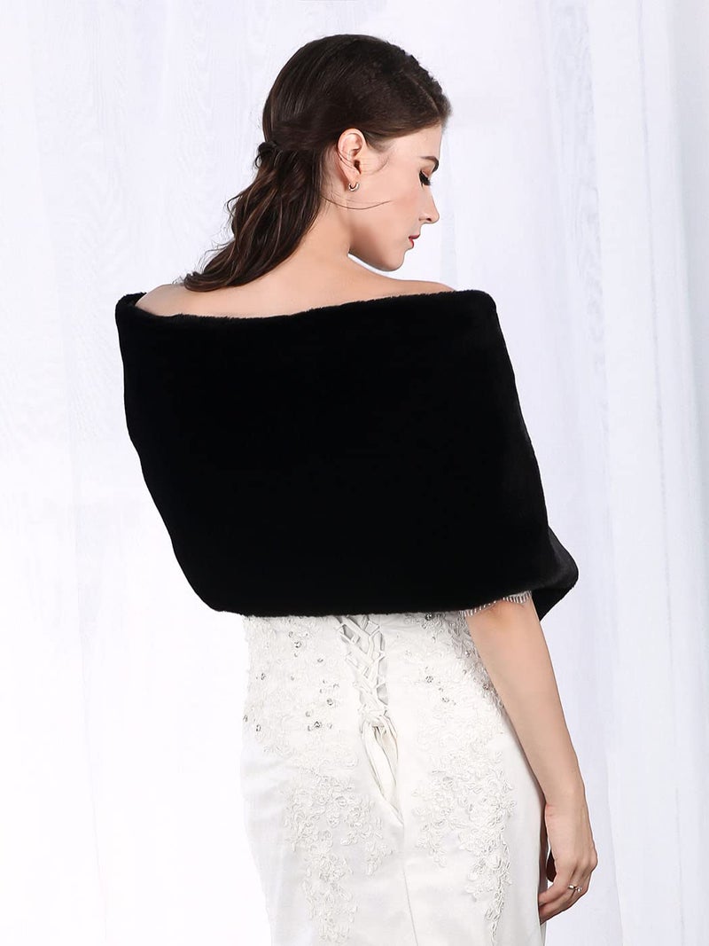 GORAIS Women's Wedding Faux Fur Shawls and Wraps Long Bridal Fur Scarf Stoles with Brooch for Bride and Bridesmaids (Black) - Image 3
