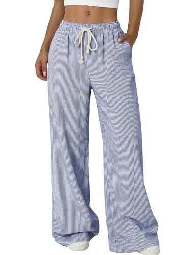 Acelitt Women’s Wide Leg Striped Palazzo Pants Drawstring Elastic Waist Casual Loose Lounge Pants Beach Trousers with Pockets Vacation Outfits Summer Clothes for Women Blue X-Large - Image 1