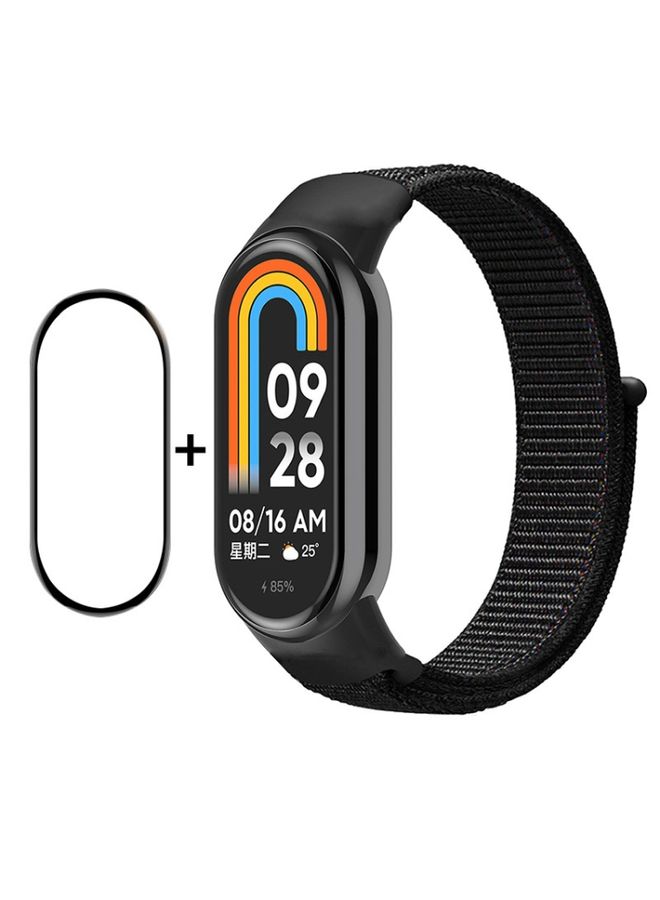 Replacement Strap For Xiaomi Mi Band 8 ENKAY Hat-Prince 2 in 1 Set Full Coverage Screen Protector + Nylon Loop Watch Band Black