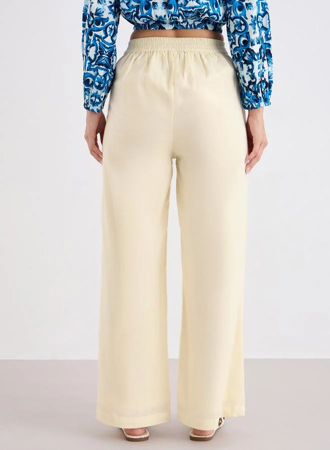 Styli Cream Wide Leg Trousers with Embroidery Detail