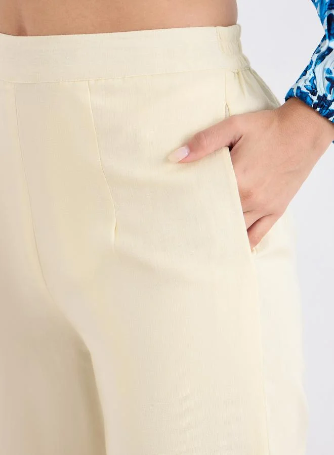 Styli Cream Wide Leg Trousers with Embroidery Detail