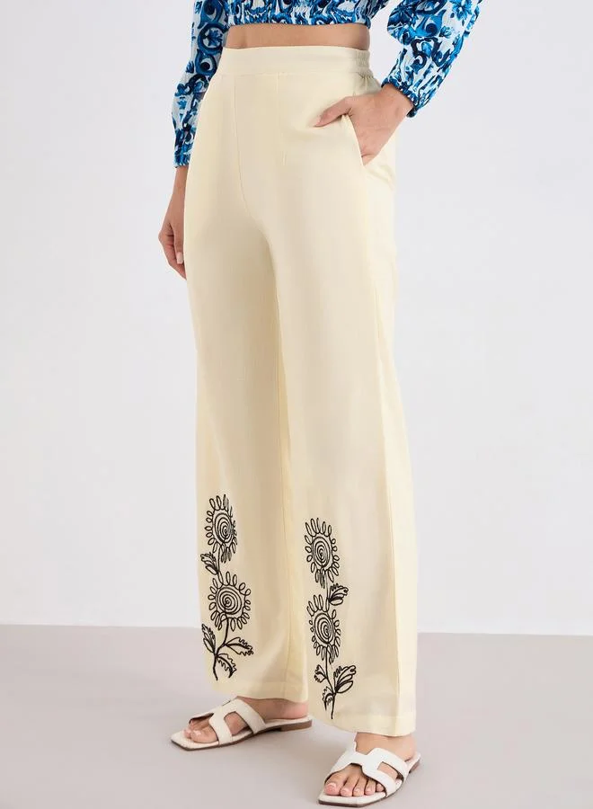 Styli Cream Wide Leg Trousers with Embroidery Detail