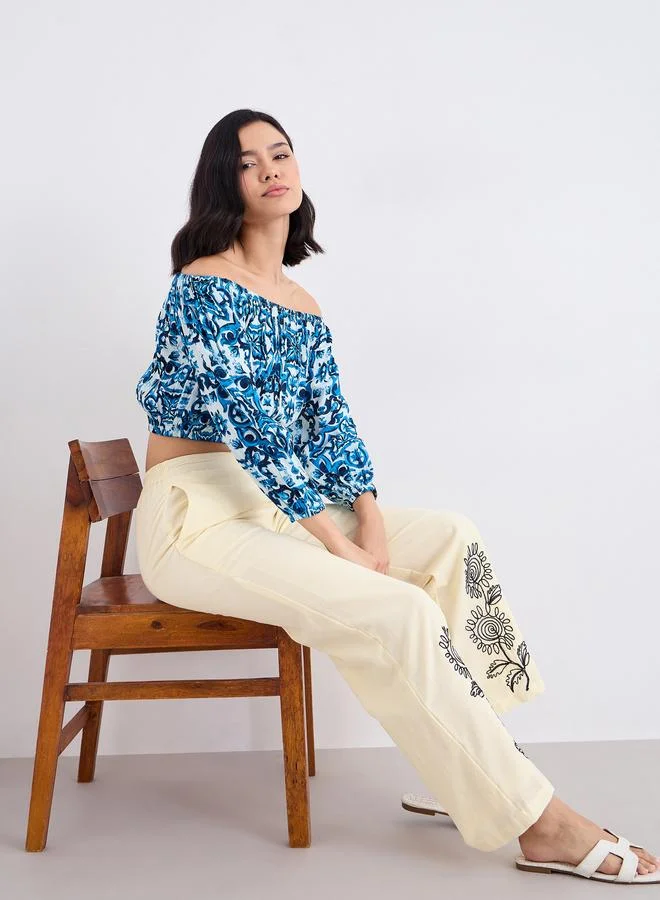 Styli Cream Wide Leg Trousers with Embroidery Detail