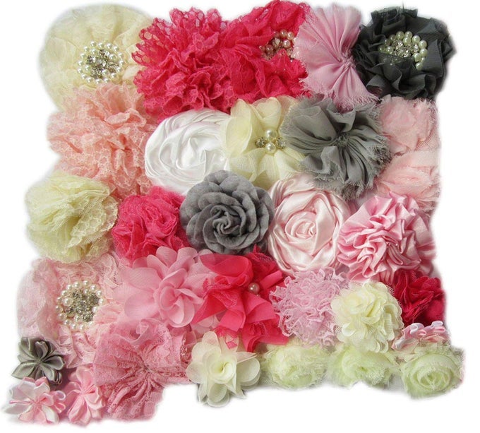 40PCS CRAFT CHIFFON FLOWERS HANDMADE HAIR FLOWERS FOR DIY HEADBAND KIT BOW KITPINKGREYIVORY