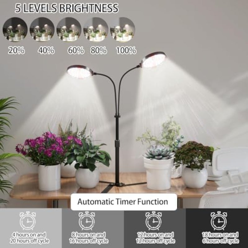 مصباح إضاءة زراعة نباتات داخلي من نوع LED بسpectrum كامل مع مؤقت تلقائي، 4 و8 و12 و18 ساعة، تصميم حلزوني مزدوج، ارتفاع قابل للتعديل من 9 إلى 16 بوصة، مصباح نمو لنباتات السكولنت والشتلات المزروعة في الأصيص والنباتات المنزلية - Image 3