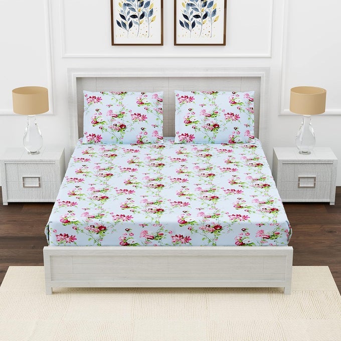 180 TC FITTED 100 COTTON PREMIUM PRINTED TWIN SIZE BEDSHEET 48X78 INCHES WITH 1 PILLOW COVER PINK GREEN