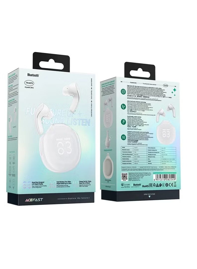 ACEFAST Wireless Bluetooth Earbuds T9,ENC Noise Cancelling Wireless Earbuds, 30H Deep Bass, Crystal LED Display, Night Light - White - Image 2