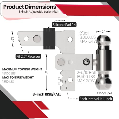 CXRCY Adjustable Trailer Hitch,2.5'' Receiver, 8 inch Drop/Rise,Heavy Duty Aluminum Tow Hitches(2"&2-5/16"Ball),Trailer Max 12500LBS(US patents,No.US012304258B1) - Image 2
